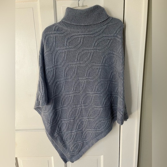 Cadenza Italy Mohair Blend Asymmetric Turtleneck Poncho Dusty Blue Cable Knit - Picture 7 of 12